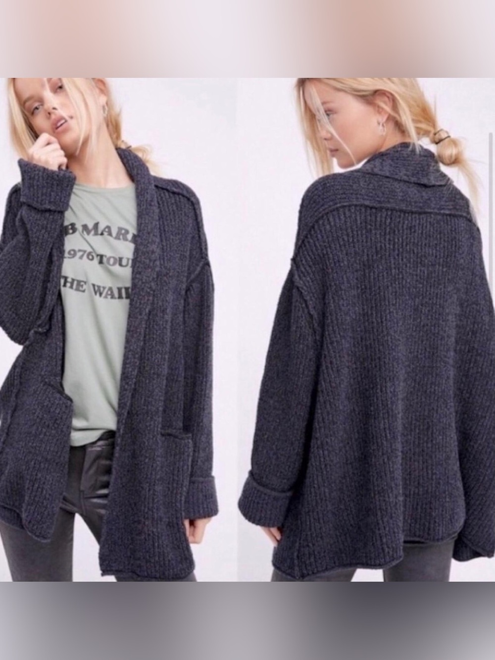 Free People Open-Front Blue Low Tide Cardigan Slouchy Sweater M/L
